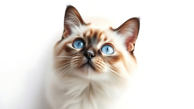 A Birman cat with striking blue eyes sits gracefully on a white background, its fur detailed and pristine.
