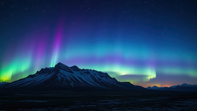 A majestic landscape under a starry night sky with flowing curtains of green and purple aurora over a mountain range.