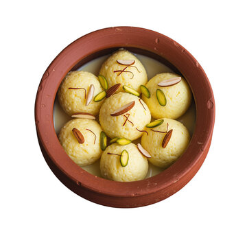 Traditional Indian Rasmalai sweet in a terracotta bowl, transparent background PNG.