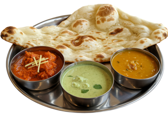 Delicious indian thali featuring butter chicken, dal makhani, and mint chutney with naan isolated transparent background