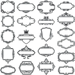 Create Black decorative label silhouettes, vintage frame shapes, retro outline badge, ornate geometric borders, empty tag design graphics, shield elegant royal crest emblem, retro sticker. Vector set.