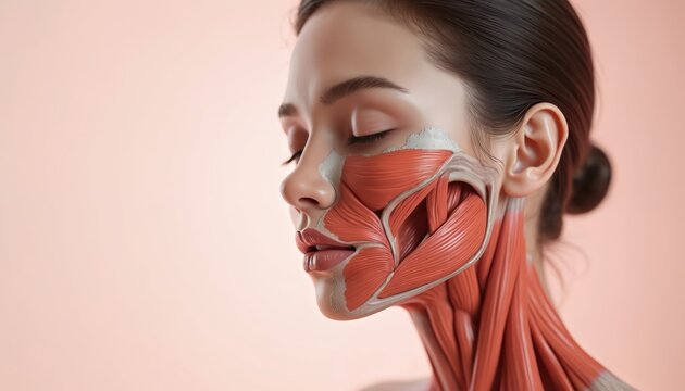 Facial anatomy illustration shows female face muscles and structure. Focus on cheekbone jawline neck musculature, skin layer cut away for study.