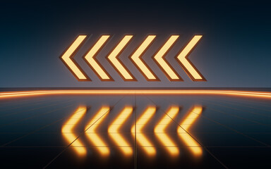 Glowing neon arrow with reflection on the ground, 3d rendering.