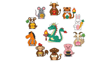 Cute Zodiac Animals in a Circular Arrangement on White Background