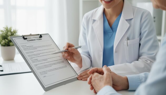 Doctor explaining medical document to patient during consultation