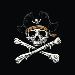 Classic pirate skull illustration with tricorn hat and crossed bones, evoking timeless sea outlaw symbolism in vintage style.