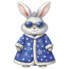 Watercolor illustration of a cute bunny wearing a luxurious Christmas coat vector