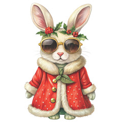 Watercolor illustration of a cute bunny wearing a luxurious Christmas coat vector