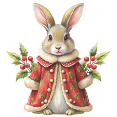 Watercolor illustration of a cute bunny wearing a luxurious Christmas coat vector