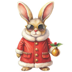 Watercolor illustration of a cute bunny wearing a luxurious Christmas coat vector