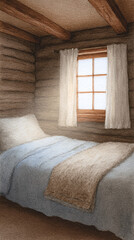 Explore the Cozy Serenity of a Rustic Bedroom with Natural Light, Perfectly Designed for Relaxation and Comfort in a Peaceful Retreat Setting