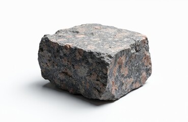 Obraz premium Rough granite boulder isolated on a plain white surface. This natural stone shows speckled texture with grey, black, and pink mineral aggregates visible.