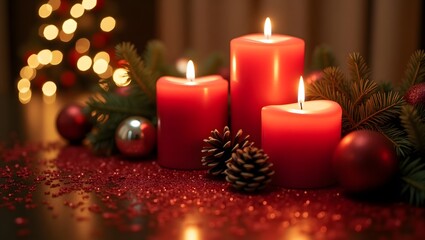 Festive Christmas still life with glowing red candles, red and gold ornaments, evergreen branches, and warm bokeh lights. Ideal for greeting cards, advertising, banners.