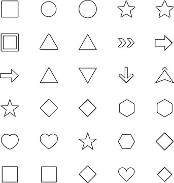 Create Bullet points. List icon set with geometric shapes, arrows, stars, hearts in outline style. Minimal user interface elements for apps, websites, infographics. Isolated vector bullet point collec