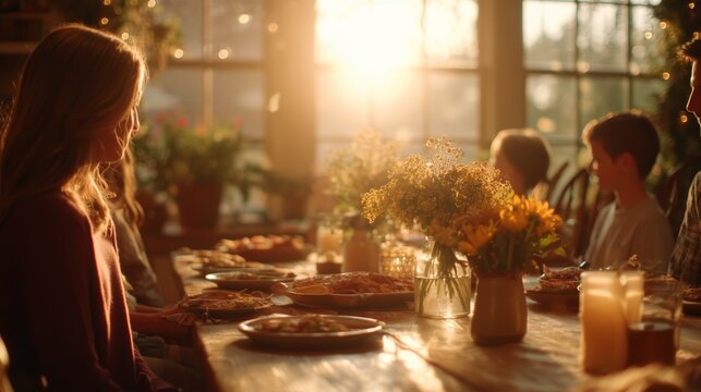 Gathering for a meal with family and friends in warm sunlight during the evening - Powered by Adobe