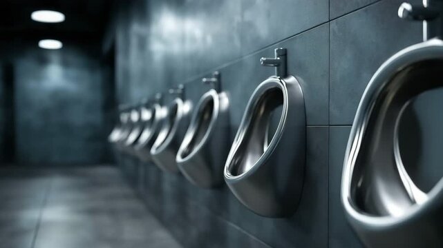 In a public restroom, a row of urinals is arranged.  The silver urinals are fixed to the wall.