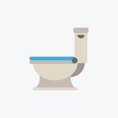 Simple flat design icon of a beige toilet with a bright blue seat against white background