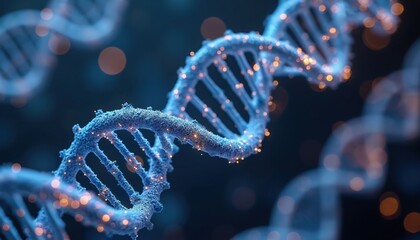 Blue DNA helix structure with glowing particles in dark background. Scientific research concept for gene editing, molecular biology and personalized medicine.