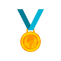 Gold medal with laurel wreath and blue ribbon