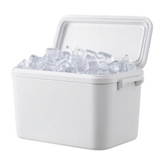 White cooler box filled with ice cubes isolated on transparent background for refreshment and cold storage