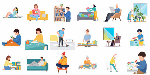 Obraz premium Simple Style Diverse People Various Activity At Home Illustration Collection