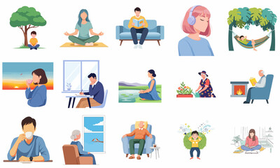 Fototapeta premium Colorful Flat Style People Engaged in Relaxing Hobbies and Leisure Activities Illustration