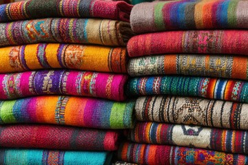 Colorful peruvian andean handcrafted textiles on display at local market in peru