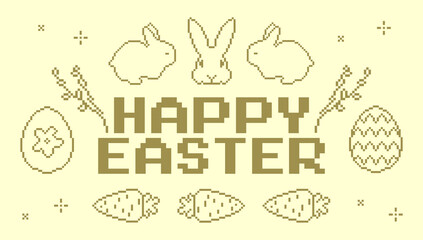 Pixel art Easter greeting with cute rabbits, eggs, carrots and festive ornaments. Retro 8-bit style illustration in soft pastel yellow and light brown tones. Seasonal design for spring celebrations