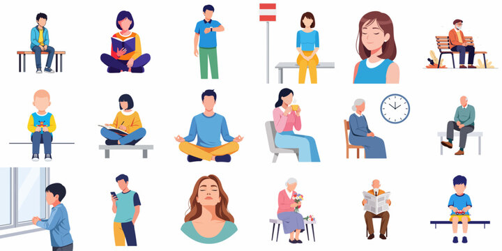 Flat Style Diverse People Activity Illustration Character Sitting and Standing Set