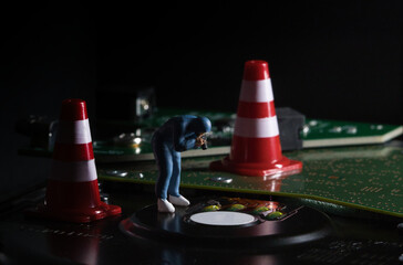 Critical data restricted area miniature detective investigating digital data security breach