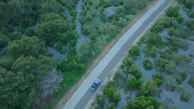 Aerial view of two cars driving on a road cutting through the lush green landscape, creating a striking contrast, Cres, Primorsko-goranska zupanija, Croatia.