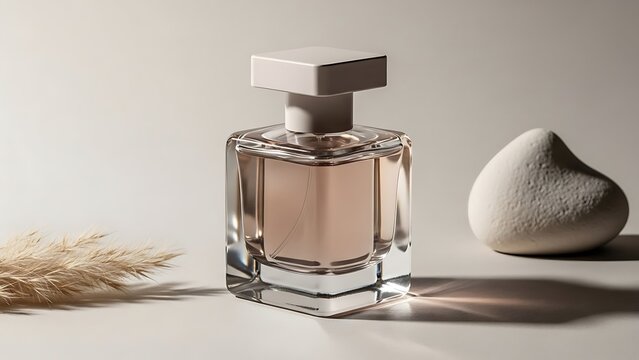 A glass perfume bottle on a table with a stone and dried grass nearby