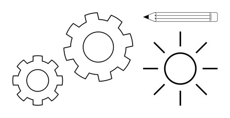 Education, design thinking, creativity, problem-solving, teamwork, innovation. Black and white gears, sun and pencil. Creativity and design thinking concept connecting imagination and precision