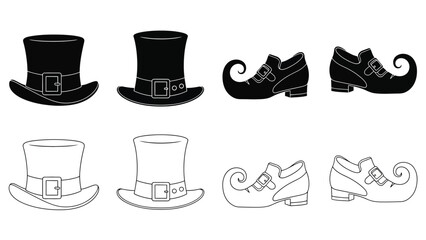 Collection of leprechaun hats and shoes in black and white line art