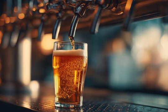 Pouring golden beer into a clear glass from a shiny tap in a lively bar atmosphere during an evening gathering