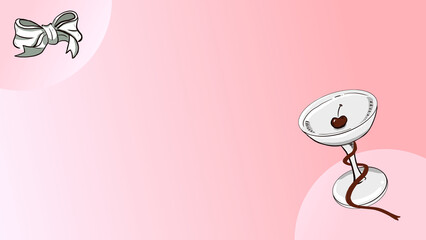 A horizontal background template in pink.  The top-left orb contains a silver-gray ribbon bow,  the bottom-right orb features an elegant martini glass containing a single dark cherry
