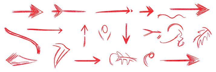 Set of hand drawn red arrow icons in various styles and directions, sketch style directional symbols and design elements for navigation and creative vector graphics collection
