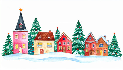 Fototapeta premium Cute hand-drawn watercolor village, Christmas card illustration, isolated on white background, holiday