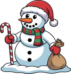 Cute cartoon snowman character holding candy cane and gift sack, festive Christmas winter vector illustration