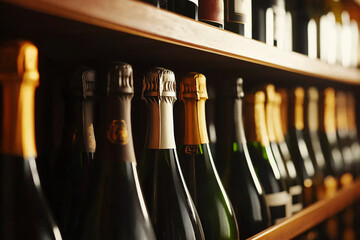 Champagne bottles arranged on cellar shelf
