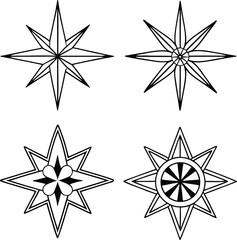 Obraz premium Four Black and White Starburst and Compass Rose Designs