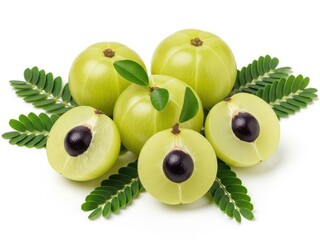 Obraz premium Fresh amla fruits with leaves on white background
