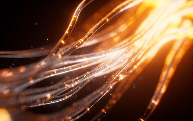 Glowing golden neon curve lines background, 3d rendering.