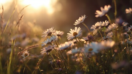 Fototapeta premium Flowers bloom in a field during golden hour in a natural setting