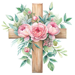 watercolor illustration of a wooden cross decorated with Flower vector