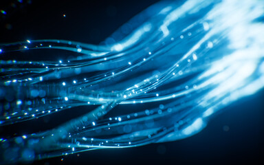 Glowing blue neon curve lines background, 3d rendering.