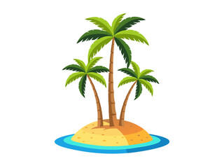 A small tropical island with three palm trees surrounded by blue water.
