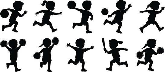 Silhouettes of Ten Children in Motion Playing Sports, Running, Cheering, and Engaging in Physical Activities for Recreation and Fitness