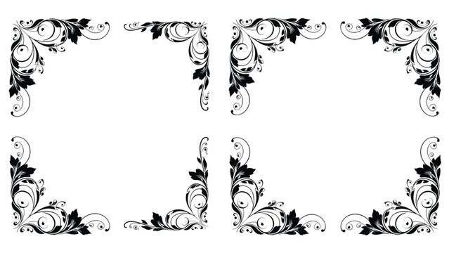 Elegant black floral corner designs arranged in a grid pattern on white background
