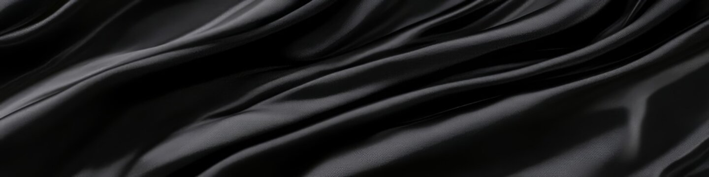 Elegant Black Silk Satin Background with Luxurious Charmeuse Fabric Drapery Waves and Textures